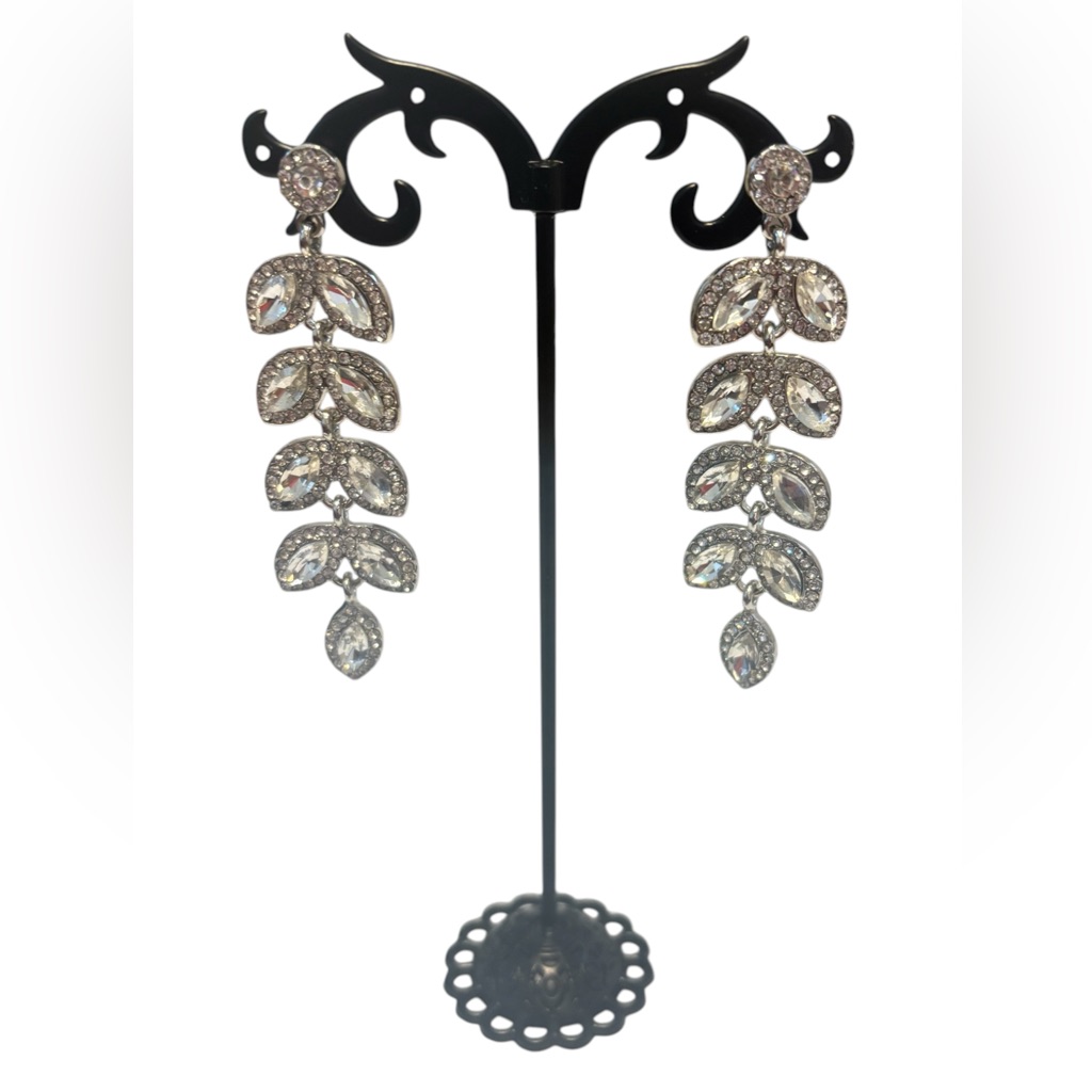 Crystal Leaf Drop Earrings - Silver Tone 3 Inches- Stunning!